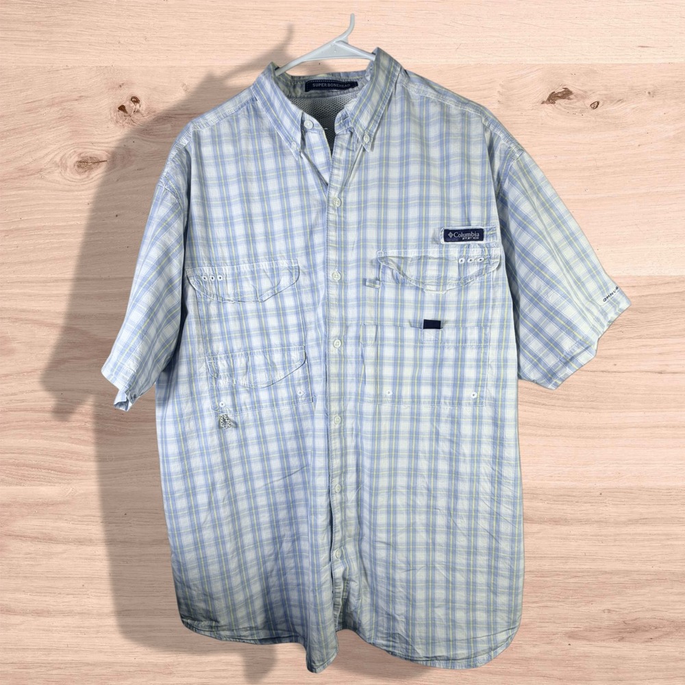 Columbia PFG Super Bonehead Shirt Mens 2XL Plaid SS Blue Yellow Fishing